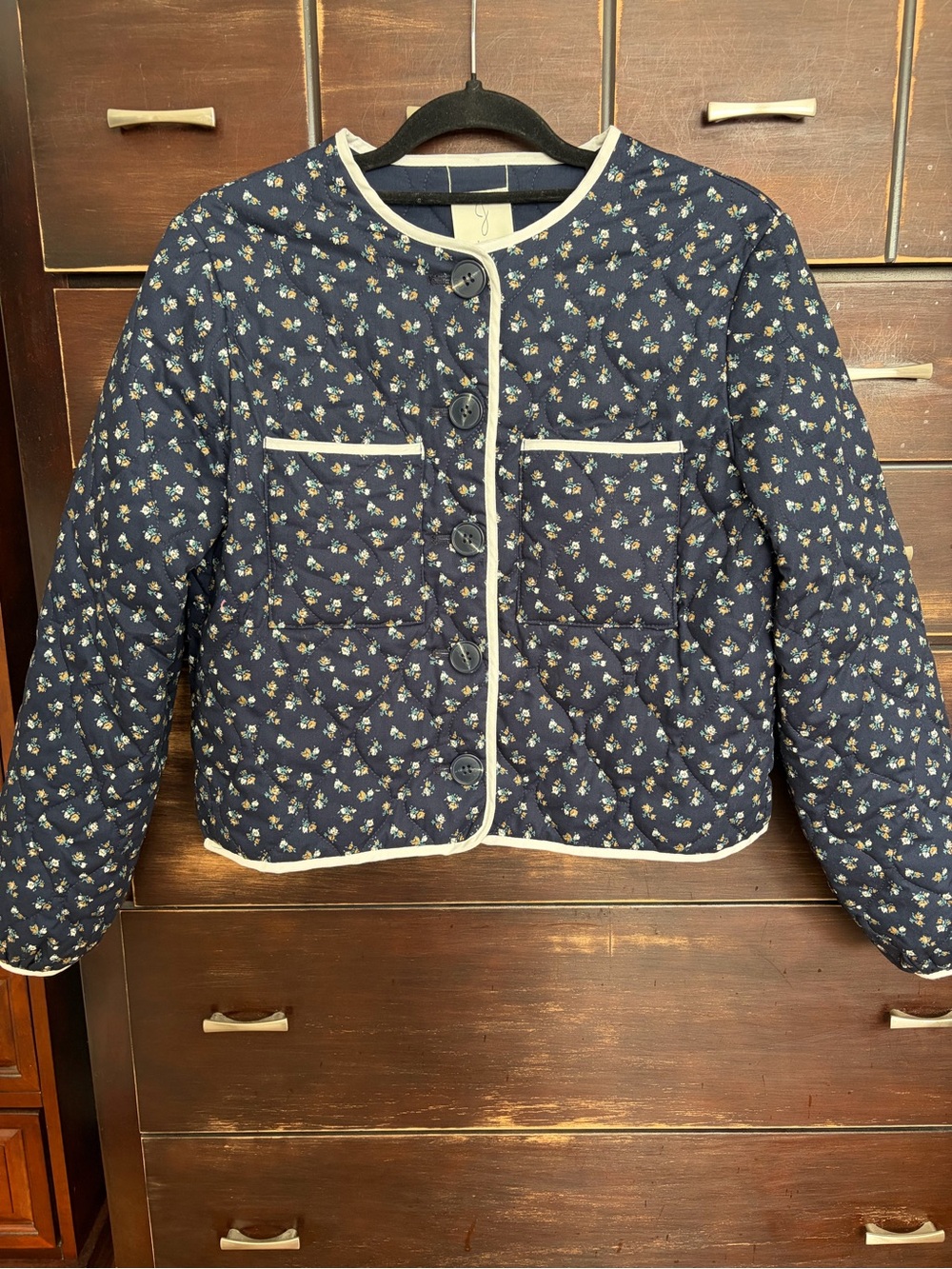 Joie Quilted Navy Floral Crop Jacket with Contrast Trim/ Size XS